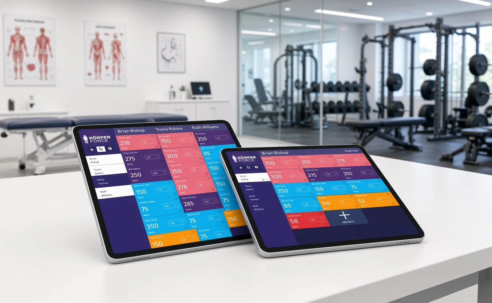 KörperForce Athlete Management on two iPads in a training facility