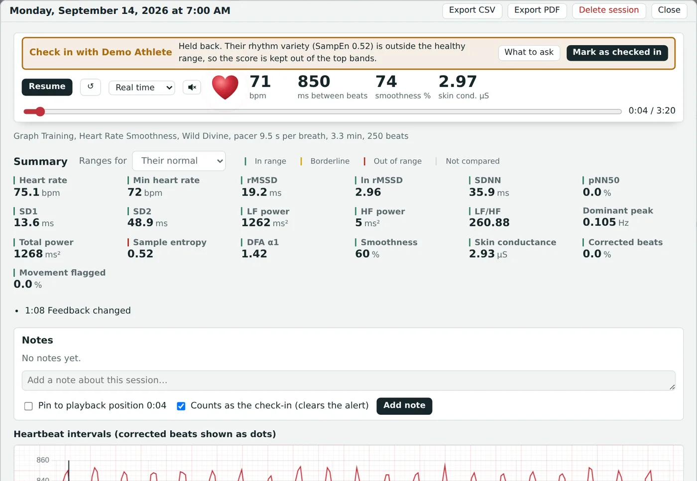 A recorded session with playback and a full HRV summary